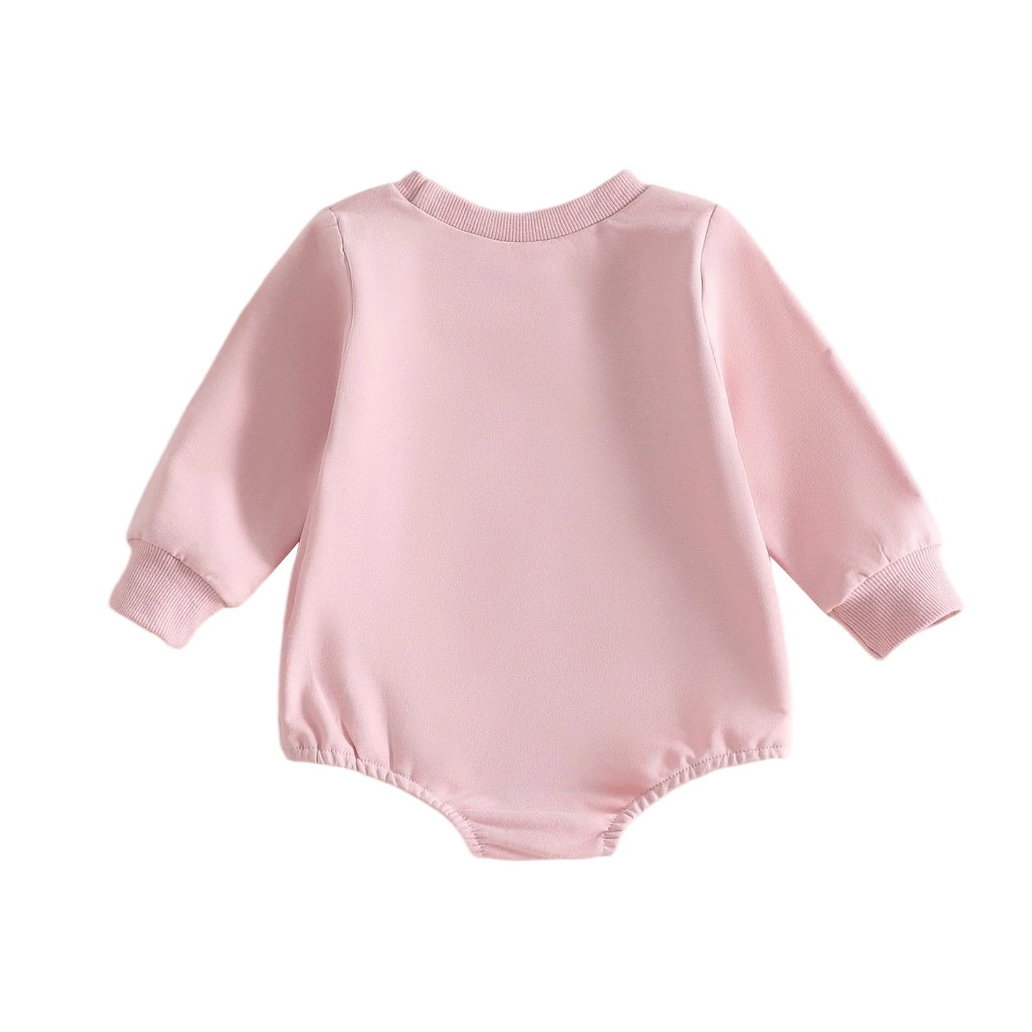 Back view of the baby girl pink long-sleeve bubble romper showing the plain solid back design.