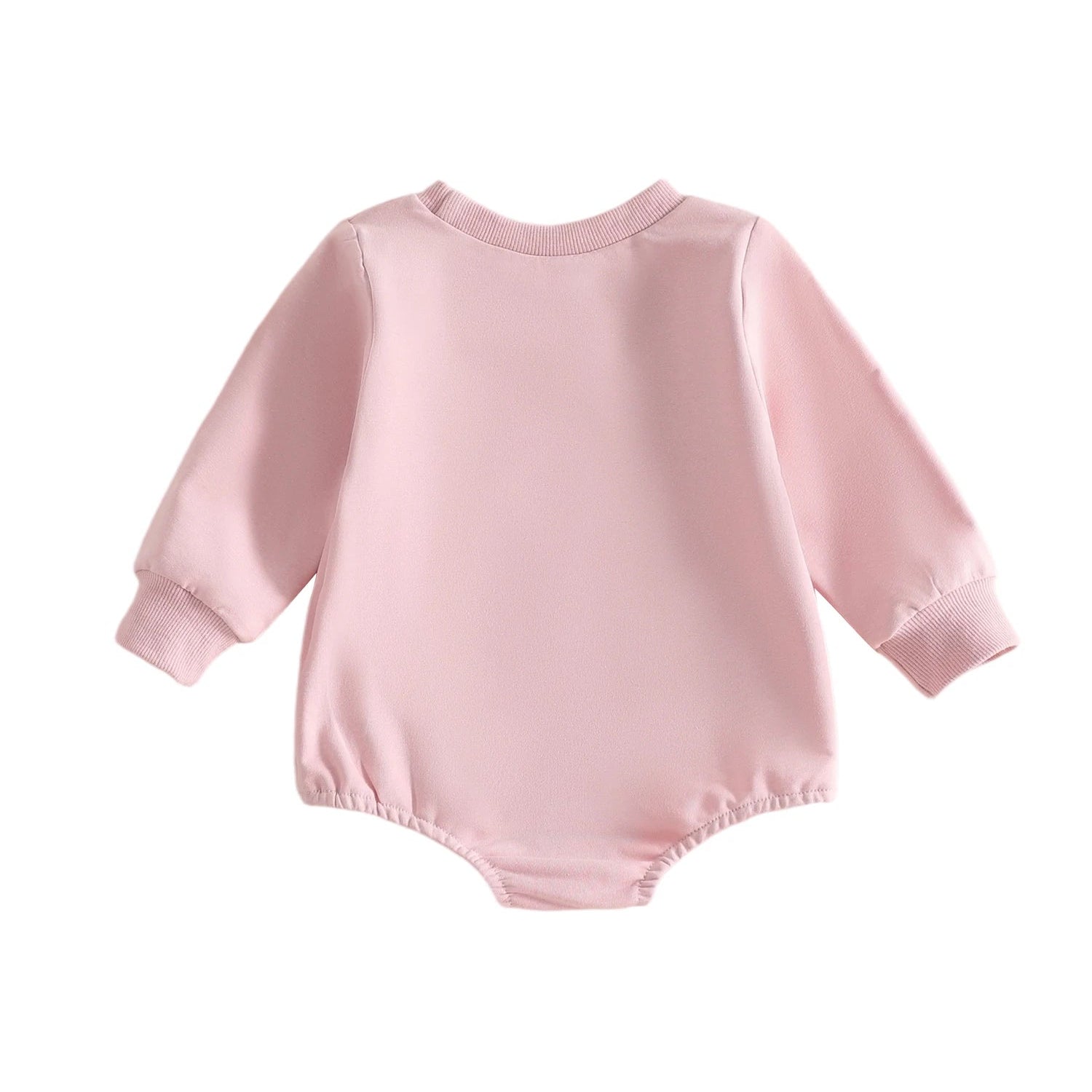 Back view of the baby girl pink long-sleeve bubble romper showing the plain solid back design.