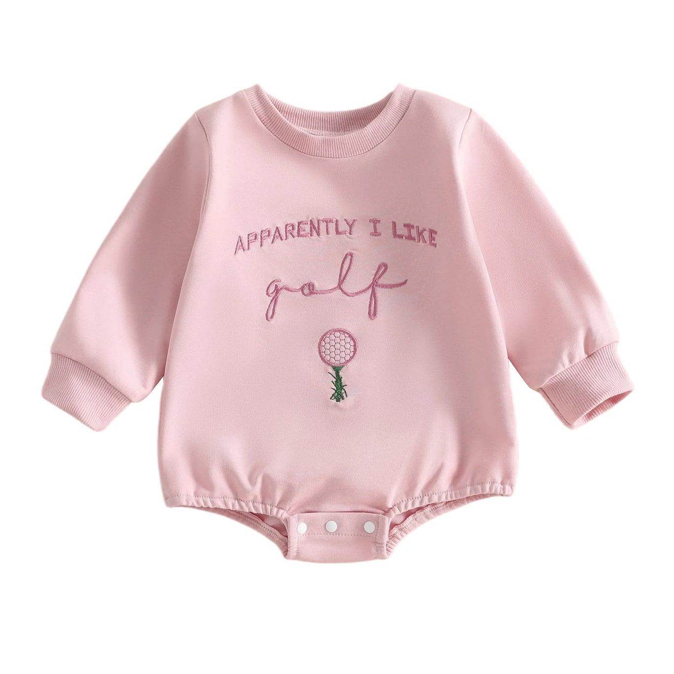 Front view of baby girl pink long-sleeve bubble romper featuring "Apparently I Like Golf" embroidery.