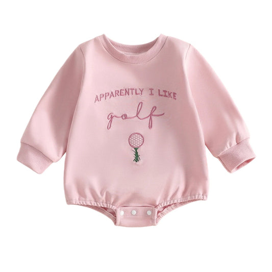 Front view of baby girl pink long-sleeve bubble romper featuring "Apparently I Like Golf" embroidery.