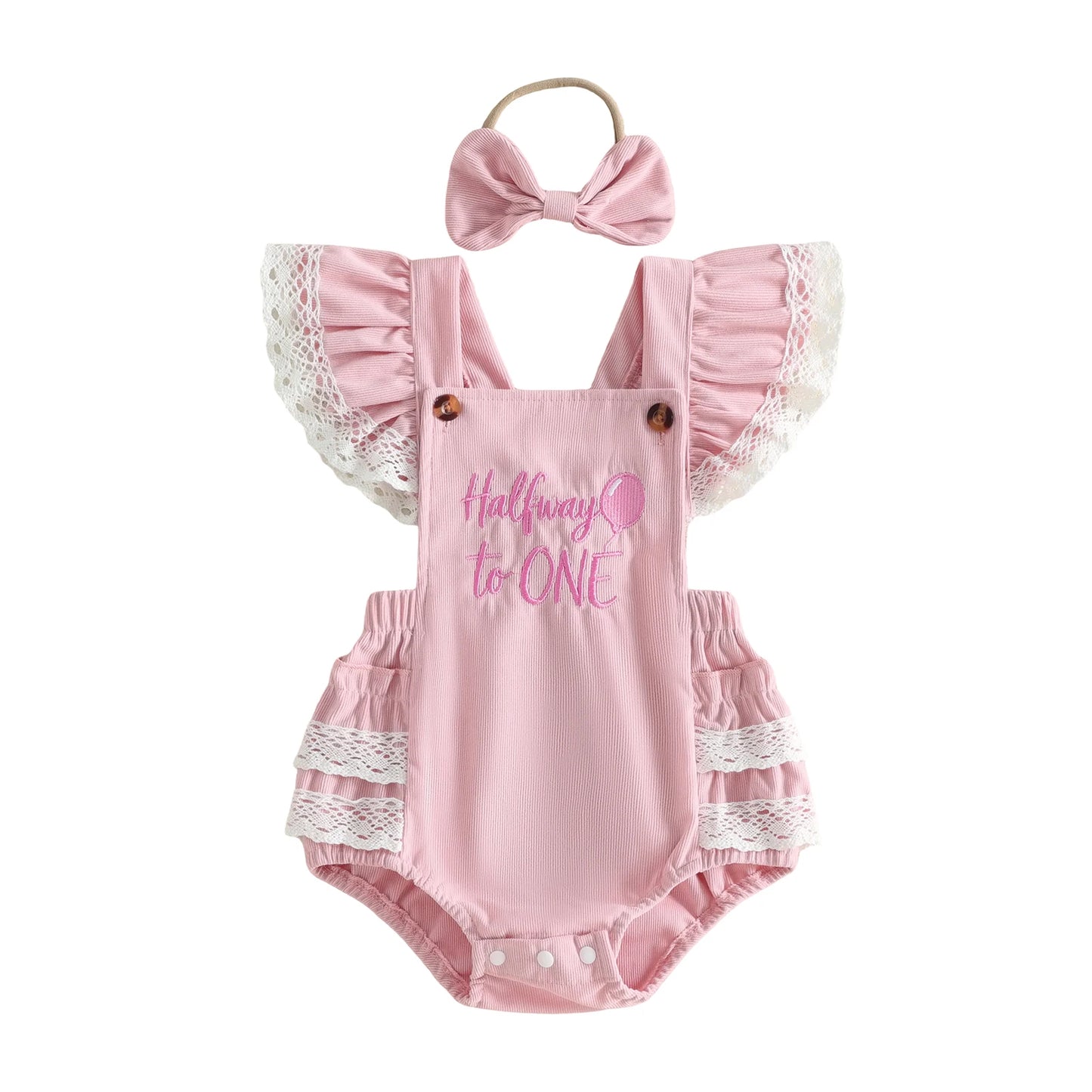 Pink baby girl "Halfway to One" 6-month birthday romper outfit with matching bow headband, featuring lace ruffle sleeves.