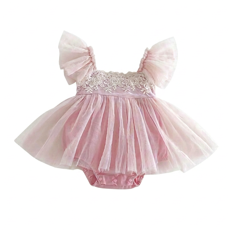 Soft pink baby girl lace ruffle tulle tutu romper dress flat lay front view