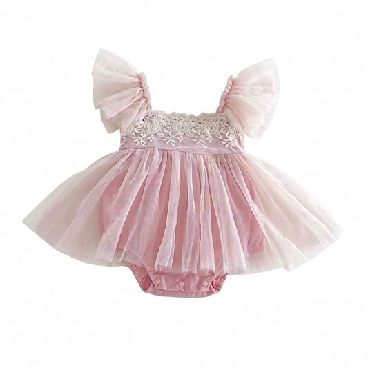 Soft pink baby girl lace ruffle tulle tutu romper dress flat lay front view