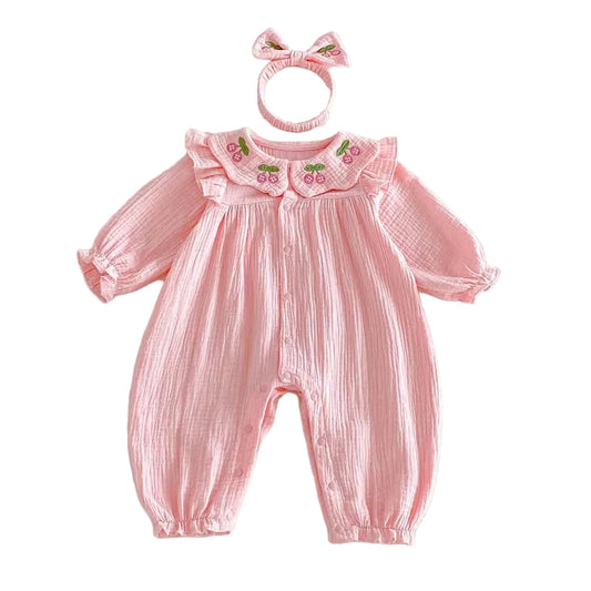 Kidsely baby girl pink cotton blend muslin long sleeve bubble romper and matching bow headband set on a white background.