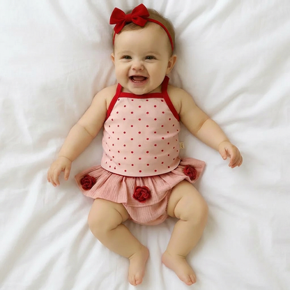 Happy infant girl laying flat on a soft cream blanket wearing a pink and red polka dot camisole tank top and ruffled bloomer shorts with 3D fabric roses.