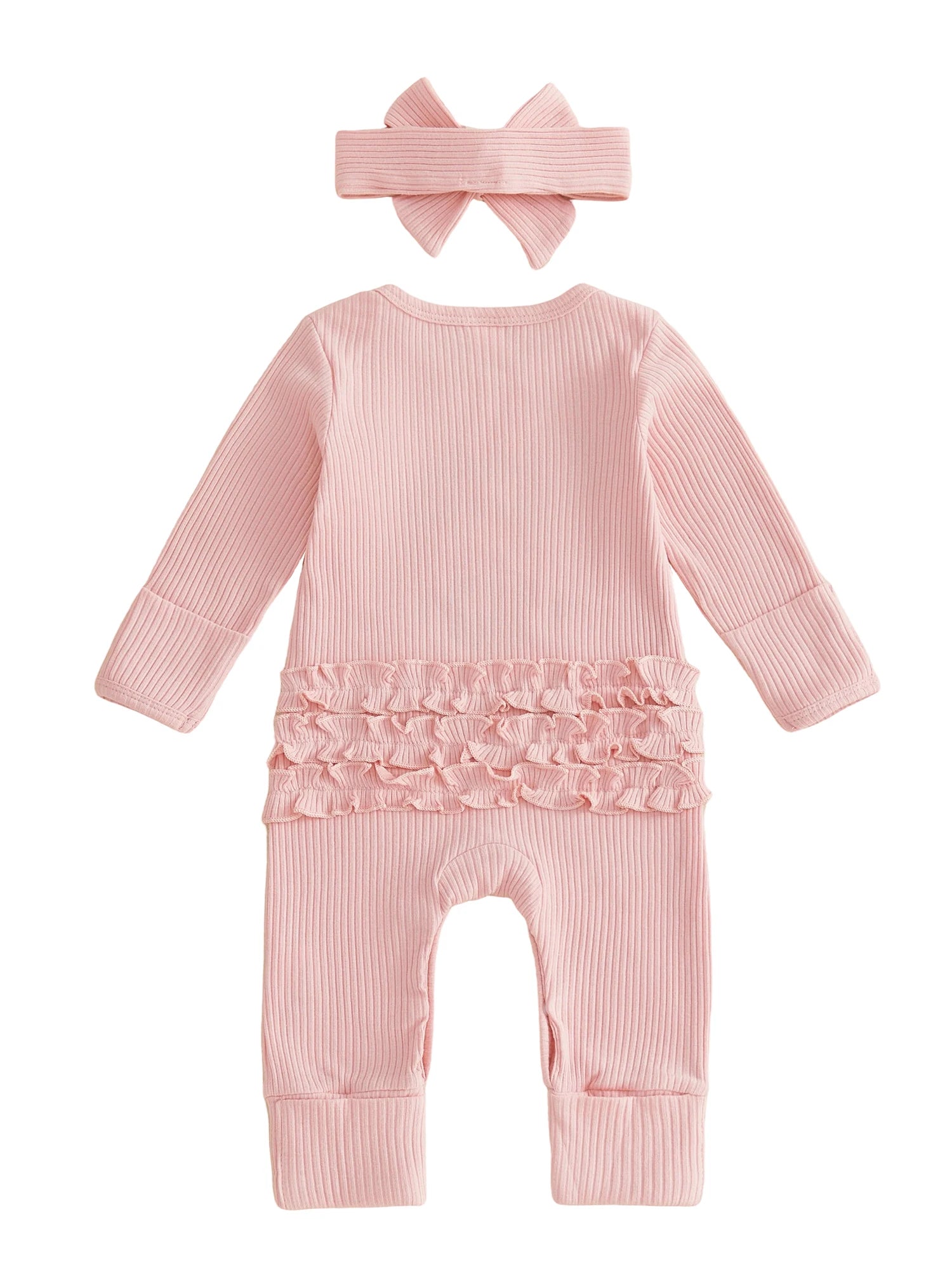 Back view flat lay of baby girl pink ribbed romper showing the ruffle butt design and matching headband on a white background.