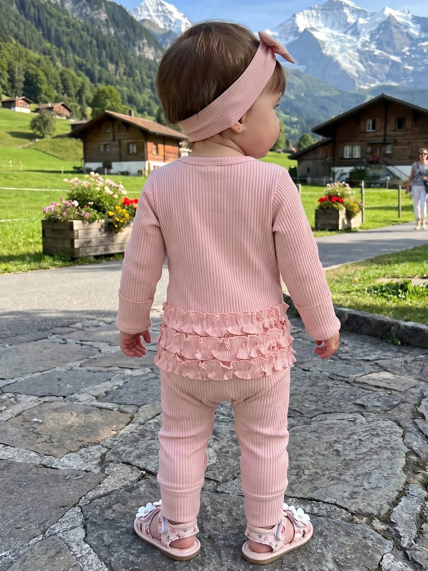 Back view of baby girl standing outdoors wearing a pink ribbed romper, showcasing the cute ruffle butt detail and matching headband.