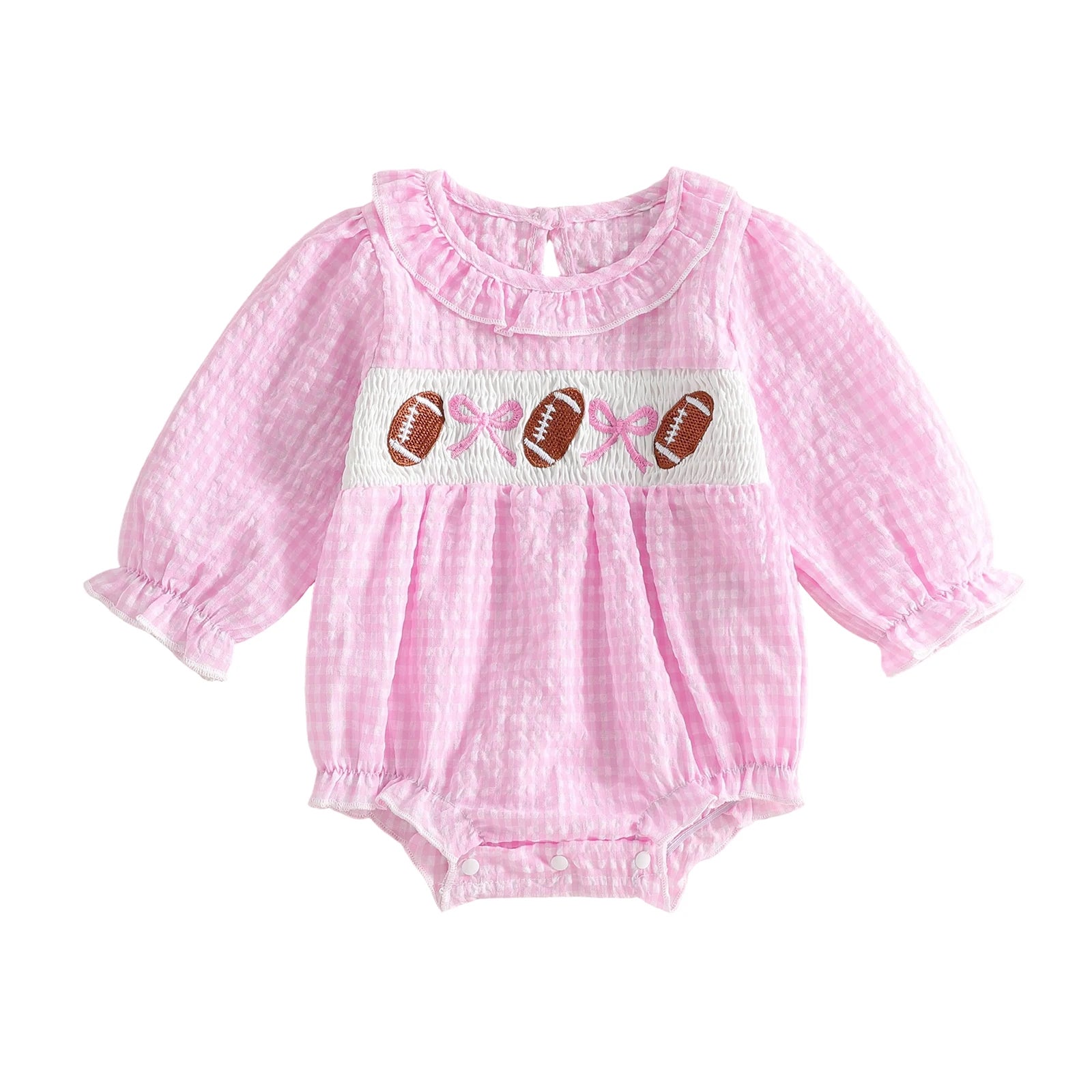 Baby girl pink gingham smocked football romper with long sleeves on a white background.