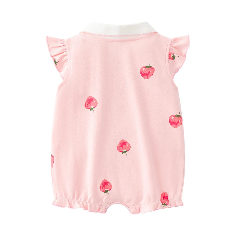 Full flat lay back view of the pink baby girl summer romper showing the all-over strawberry pattern and white contrast collar.