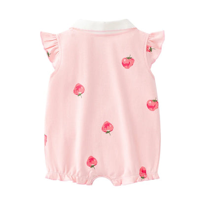 Full flat lay back view of the pink baby girl summer romper showing the all-over strawberry pattern and white contrast collar.