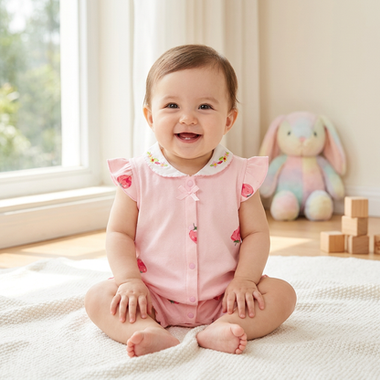 A happy, smiling baby girl sitting on a soft white blanket while wearing the light pink strawberry print summer romper.