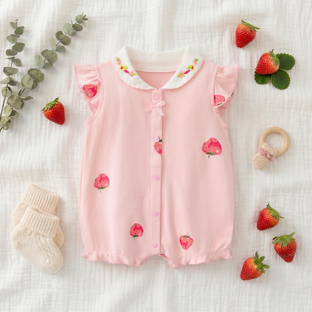 Styled flat lay photography of the light pink baby girl strawberry print summer romper featuring a white embroidered collar. The outfit is laid on a textured white muslin blanket and surrounded by fresh strawberries, cream knit baby booties, a wooden teething ring, and green eucalyptus leaves.
