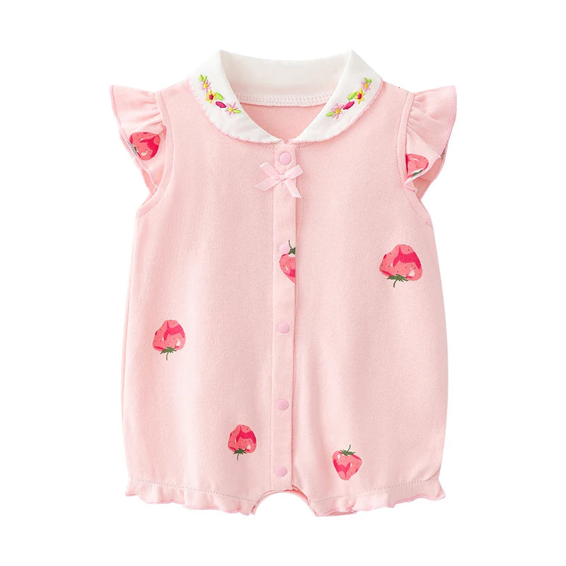 Front view of a light pink baby girl sleeveless romper featuring an all-over strawberry print, flutter sleeves, and a white Peter Pan collar with colorful floral embroidery.