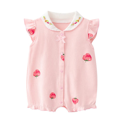 Front view of a light pink baby girl sleeveless romper featuring an all-over strawberry print, flutter sleeves, and a white Peter Pan collar with colorful floral embroidery.