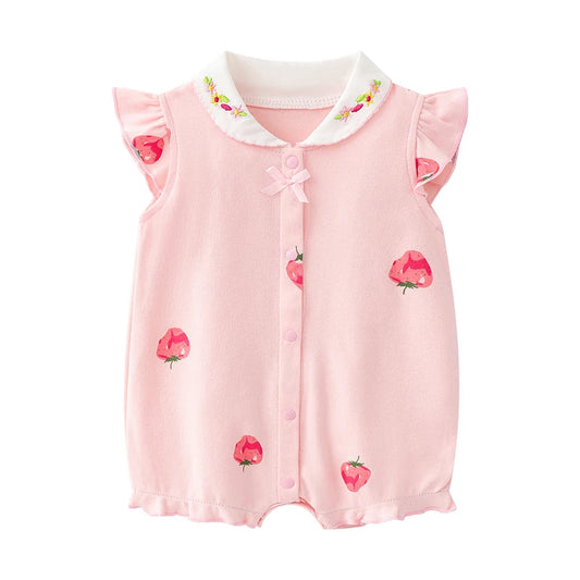 Front view of a light pink baby girl sleeveless romper featuring an all-over strawberry print, flutter sleeves, and a white Peter Pan collar with colorful floral embroidery.