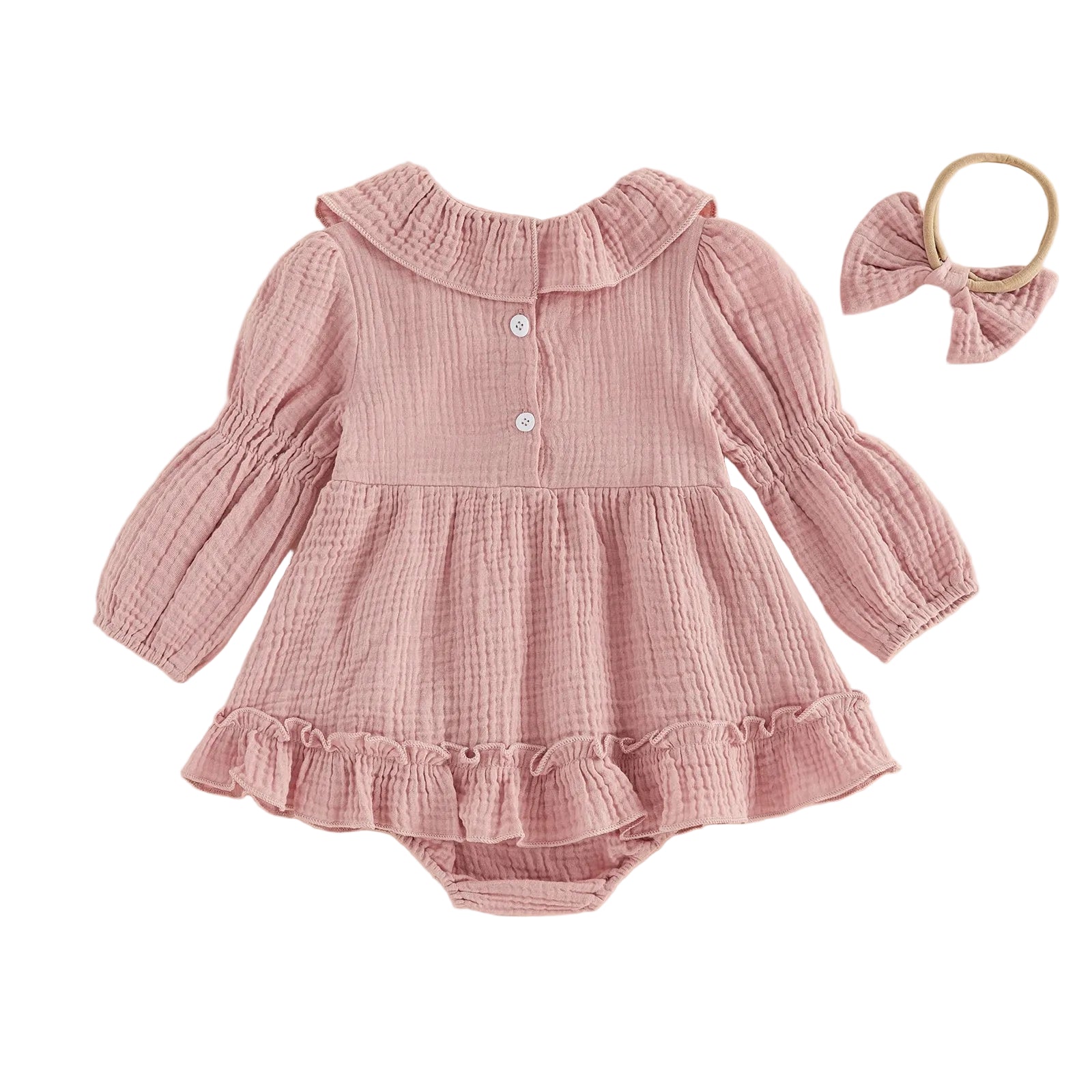 Back view of the baby girl pink long-sleeve smocked romper showing the button closure, displayed with the matching headband.