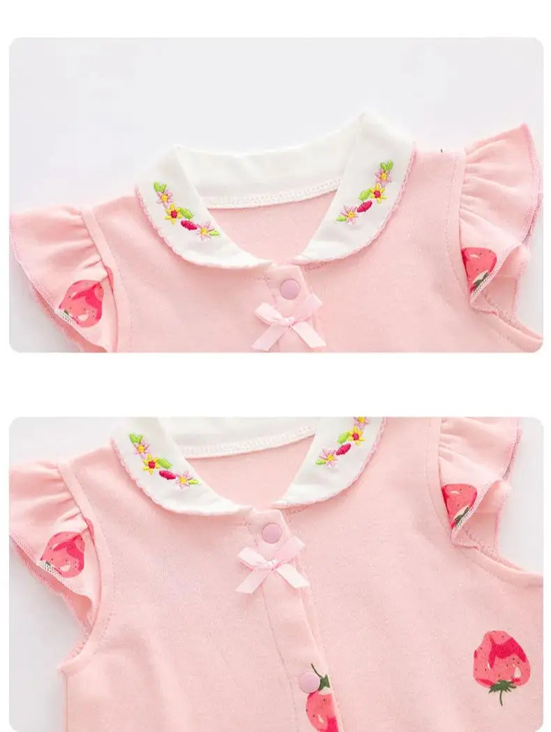 Product detail panels displaying a front view of the upper neckline, embroidered white collar, and single-breasted snap buttons.