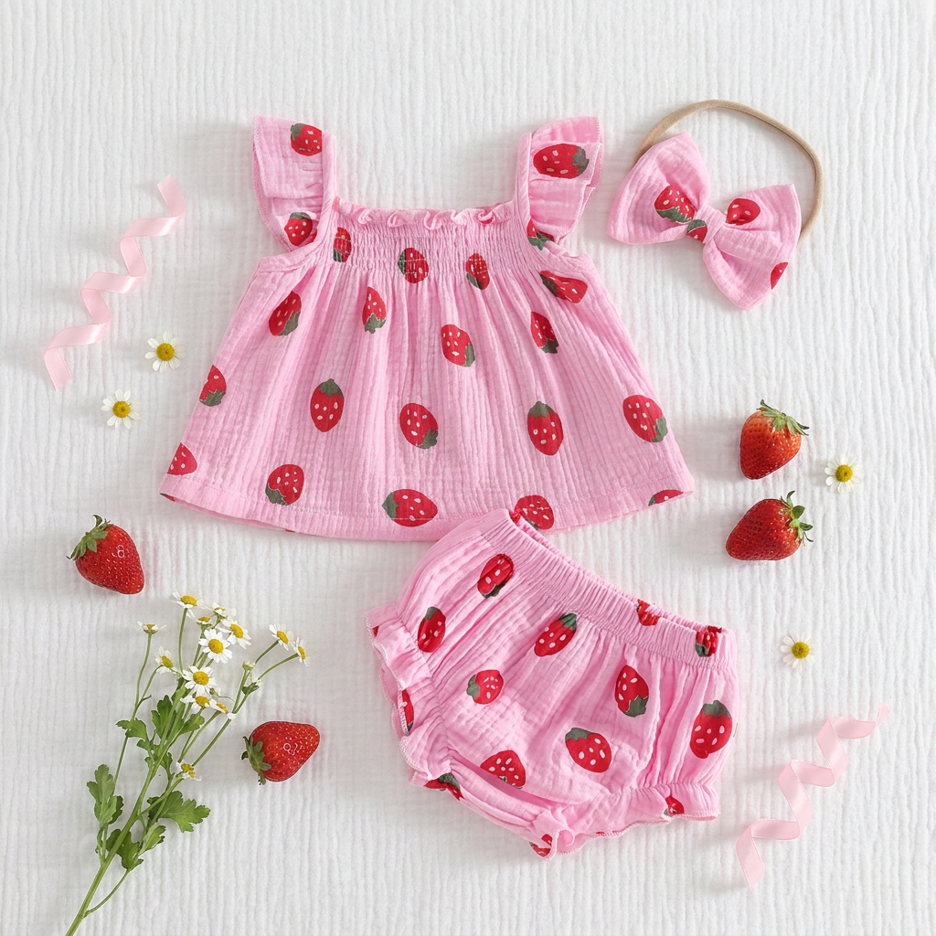 Pink children's outfit with strawberry pattern on a light background