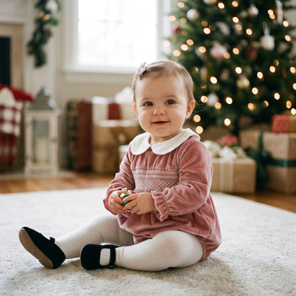 Baby girl wearing pink velvet smocked bubble romper sitting in front of a decorated Christmas tree