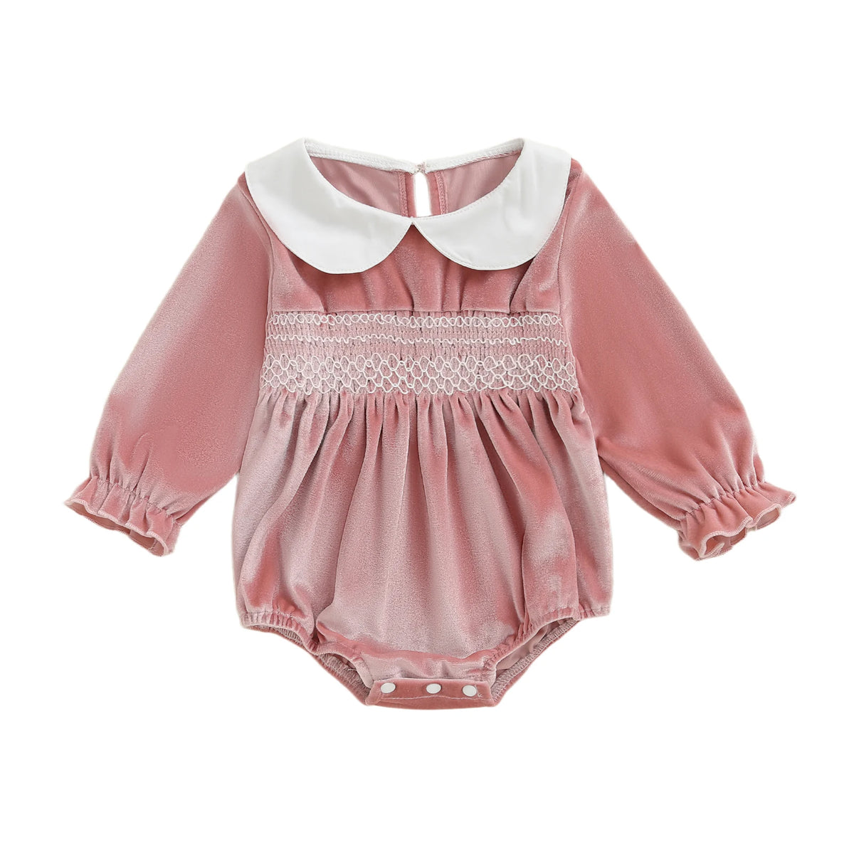 Baby girl pink velvet smocked bubble romper with white Peter Pan collar and bottom snap closures