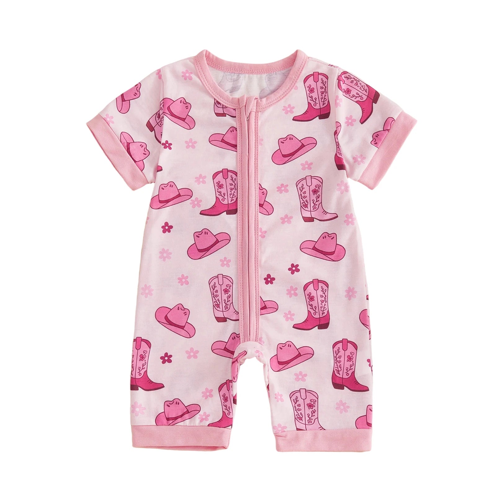 Front view of an infant baby girl short sleeve pink zip-up romper featuring a western cowgirl hat and boot print on a white background.