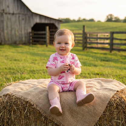 A happy baby girl wearing a pink cowgirl zip-up romper sitting on a hay bale outdoors in front of a rustic wooden barn.