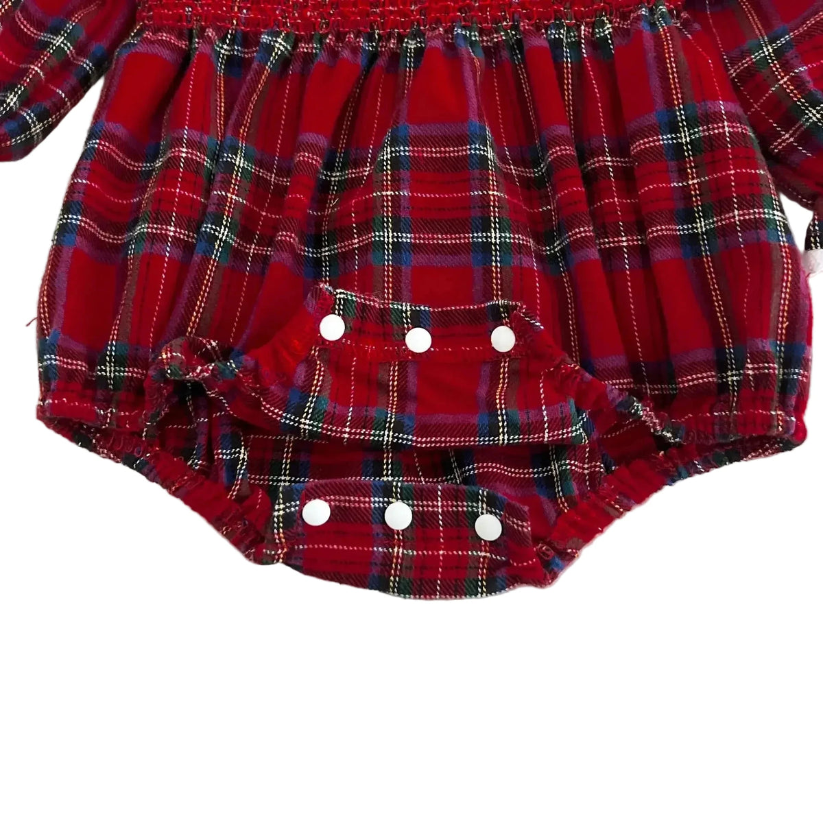 Bottom snap closure detail on baby girl red plaid holiday bodysuit for quick diaper changes