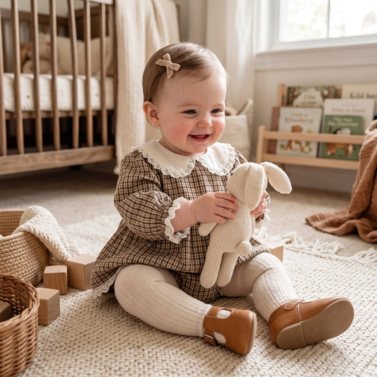 Baby girl wearing vintage-inspired plaid long sleeve romper dress sitting on floor in a nursery