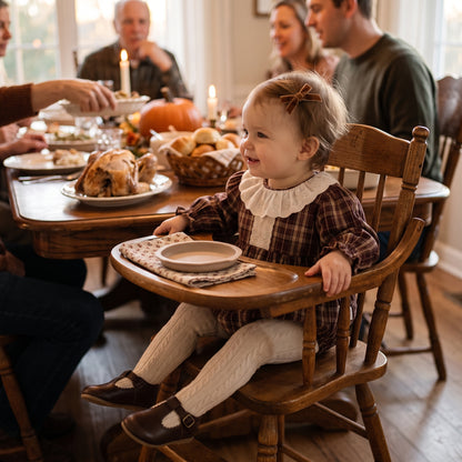 Baby girl sitting in a high chair wearing a brown plaid lace collar bubble romper at a family Thanksgiving dinner.