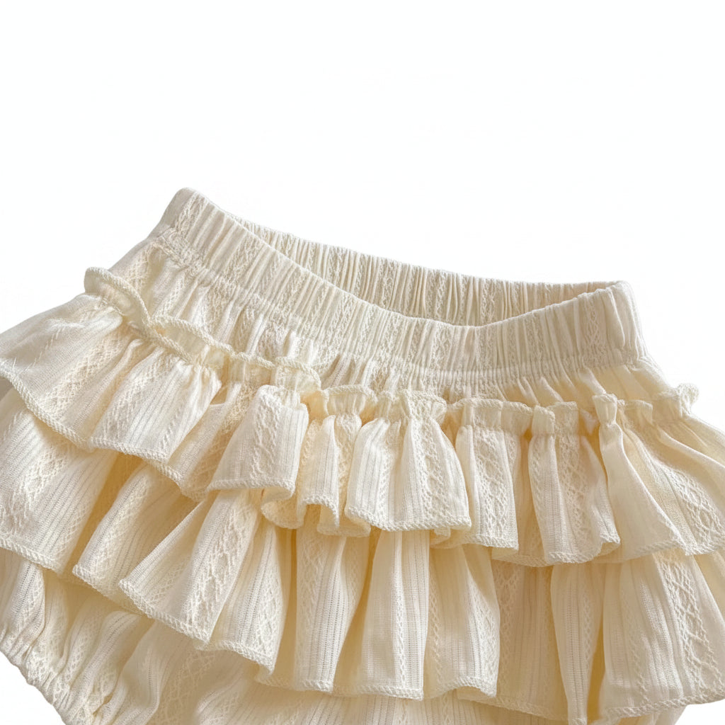 Detailed view of the triple-layered ruffles on the Aria bloomers, highlighting the cream pointelle knit fabric and elastic waistband.