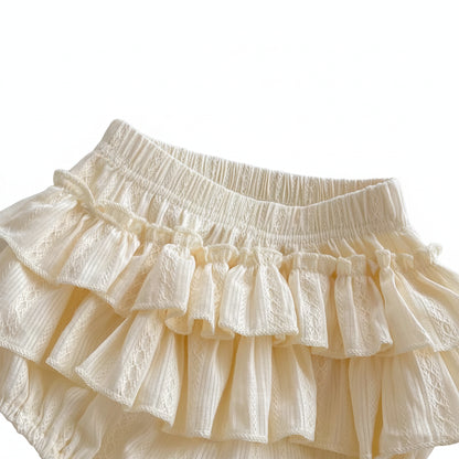 Detailed view of the triple-layered ruffles on the Aria bloomers, highlighting the cream pointelle knit fabric and elastic waistband.