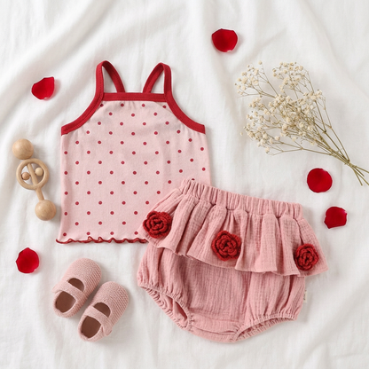 Overhead flat lay of a pink polka dot infant outfit styled with matching pink baby shoes, a wooden rattle, and dried flowers on a white fabric background.