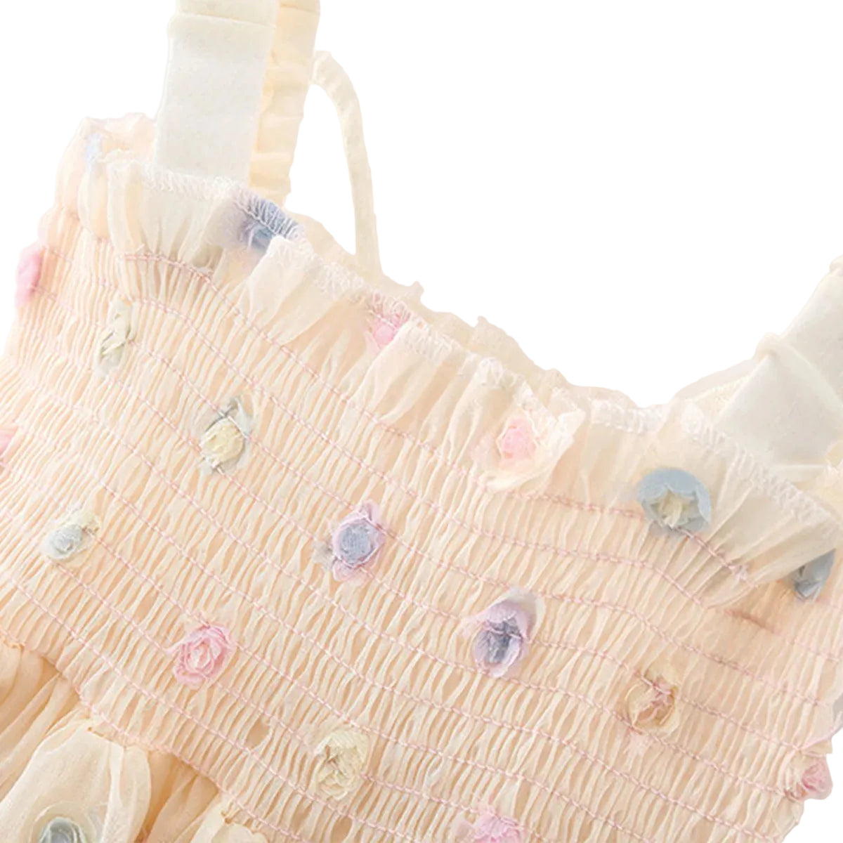 Close-up top view of the elastic smocked bodice and shoulder straps on a baby girl princess dress, highlighting the pastel 3D floral fabric details.