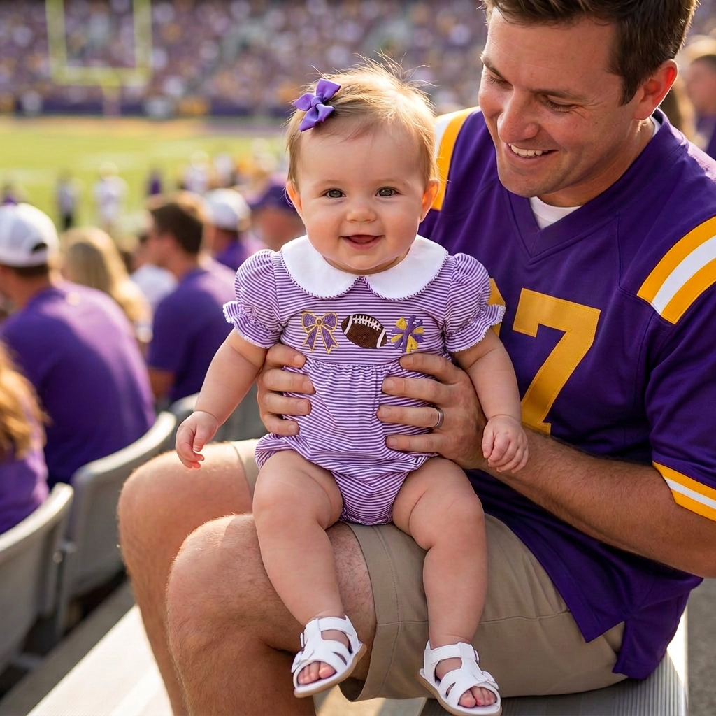 A smiling baby girl wearing a purple striped game day romper sitting on a man's lap in stadium bleachers during a football game.