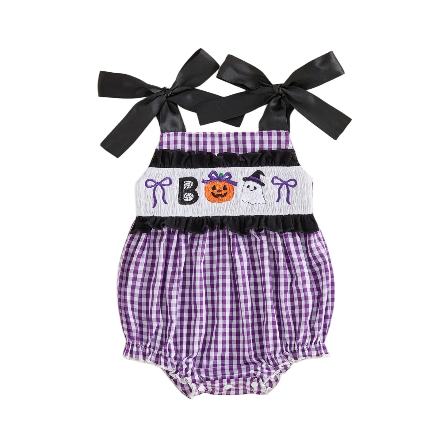 Baby girl purple gingham smocked bubble romper featuring black shoulder ribbons and a ghost with BOO text embroidered on the chest.