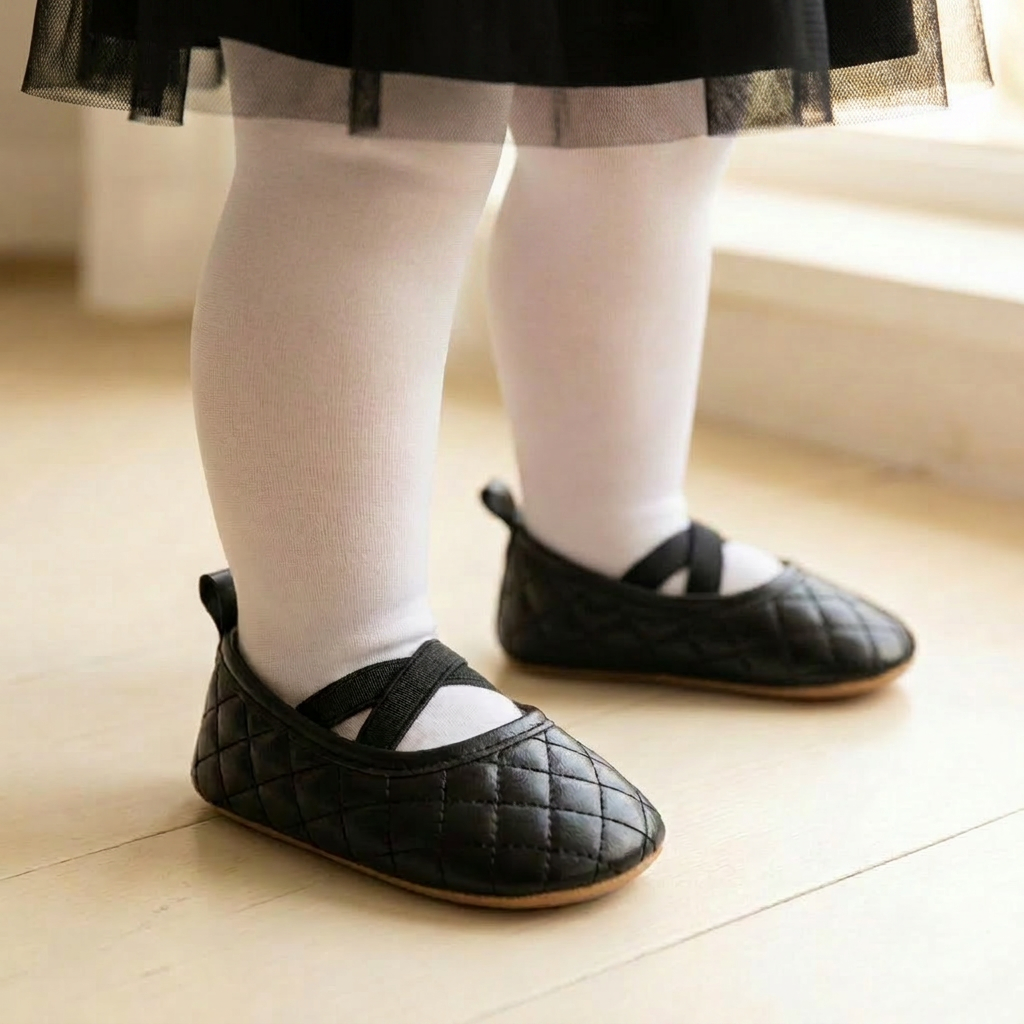 Close-up of a toddler standing up while wearing Kidsely black quilted ballerina shoes and white tights.