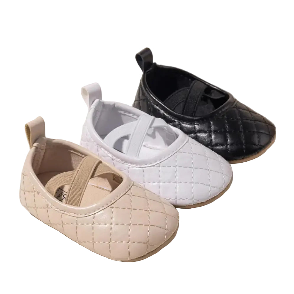 Three pairs of Kidsely baby girl quilted PU leather ballet flats shown in beige, white, and black with elastic cross-straps.