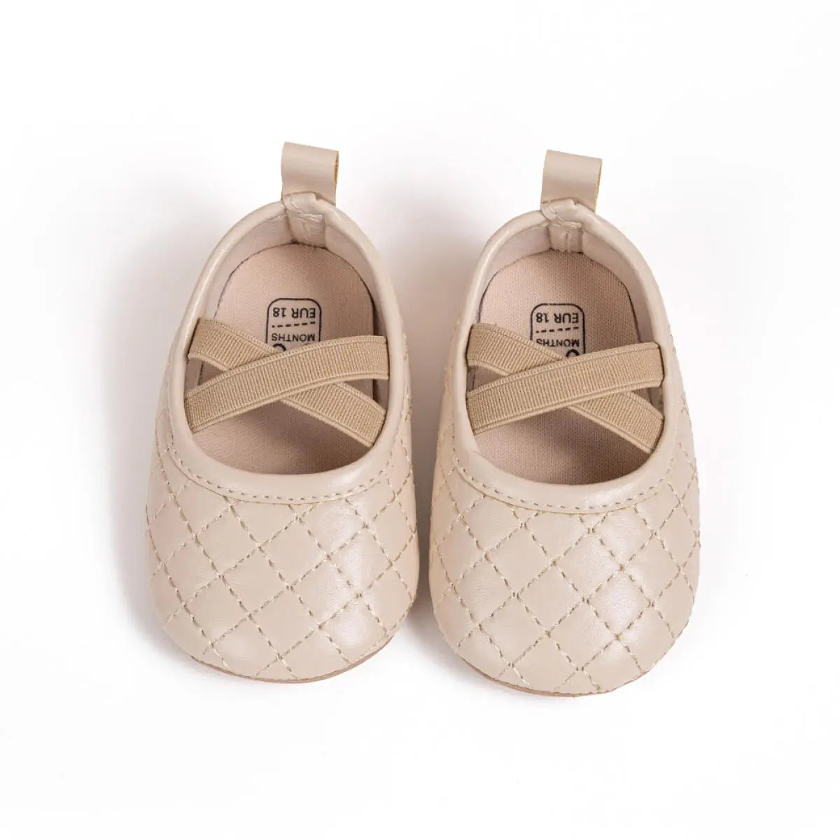 Top-down view of Kidsely beige quilted baby girl pre-walker shoes featuring a comfortable elastic cross-strap and soft insole.