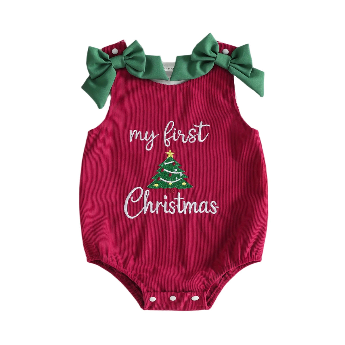 Baby girl red corduroy sleeveless Christmas tree romper jumpsuit with green shoulder bows