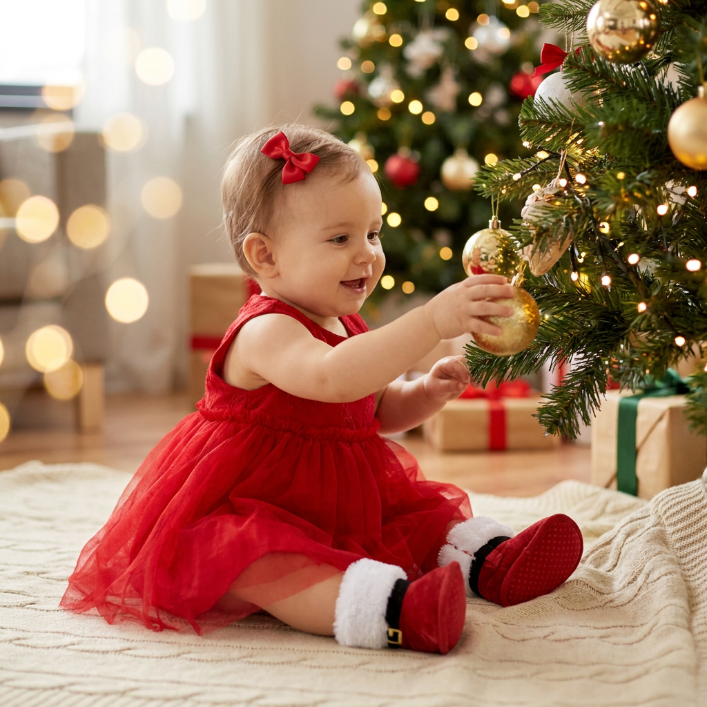 Baby girl wearing a red tutu dress and soft plush Santa boots sitting by a decorated Christmas tree