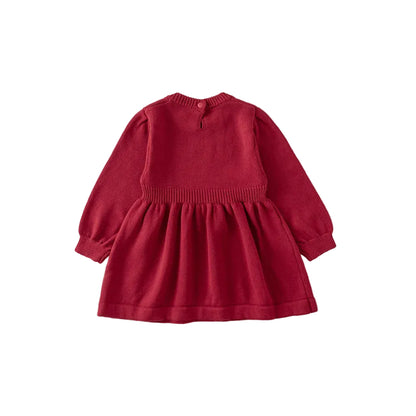 Back view of the red baby girl long sleeve knit sweater dress.
