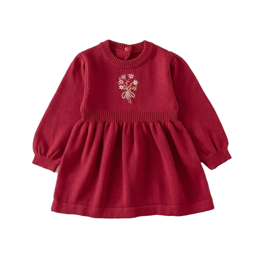 Front view of the red baby girl long sleeve knit sweater dress featuring floral chest embroidery.