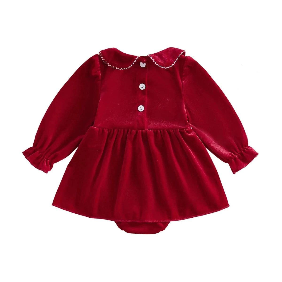 Back view of a baby girl red holiday romper dress displaying upper button closures and a Peter Pan collar.