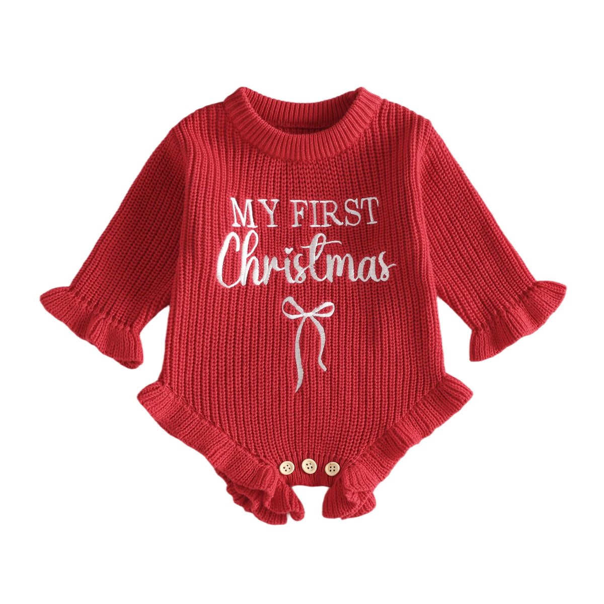Red baby girl My First Christmas long sleeve knit sweater romper with ruffle trim and white embroidered lettering on a white background.
