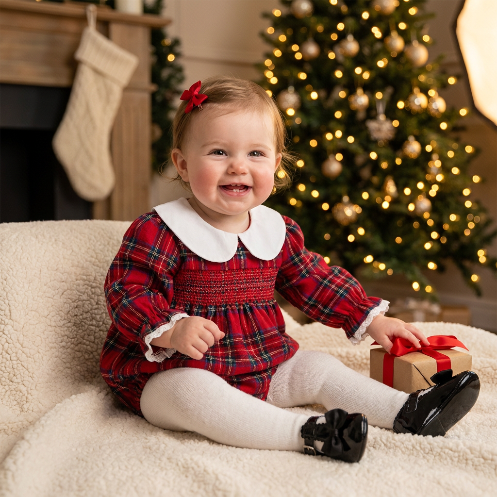 Baby girl wearing red plaid smocked holiday Christmas romper sitting near a holiday tree