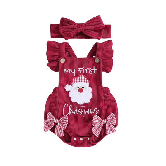 Red baby girl My First Christmas corduroy bubble romper featuring Santa Claus embroidery, fly sleeves, gingham waist bows, and matching headband