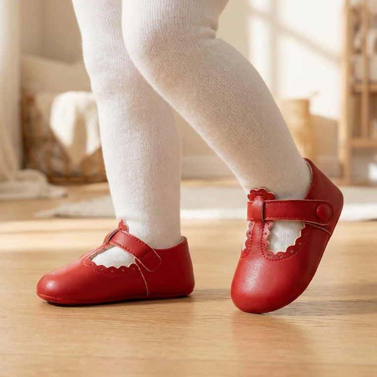 Toddler standing on a wooden floor wearing red T-strap Mary Jane first walker shoes and white tights.