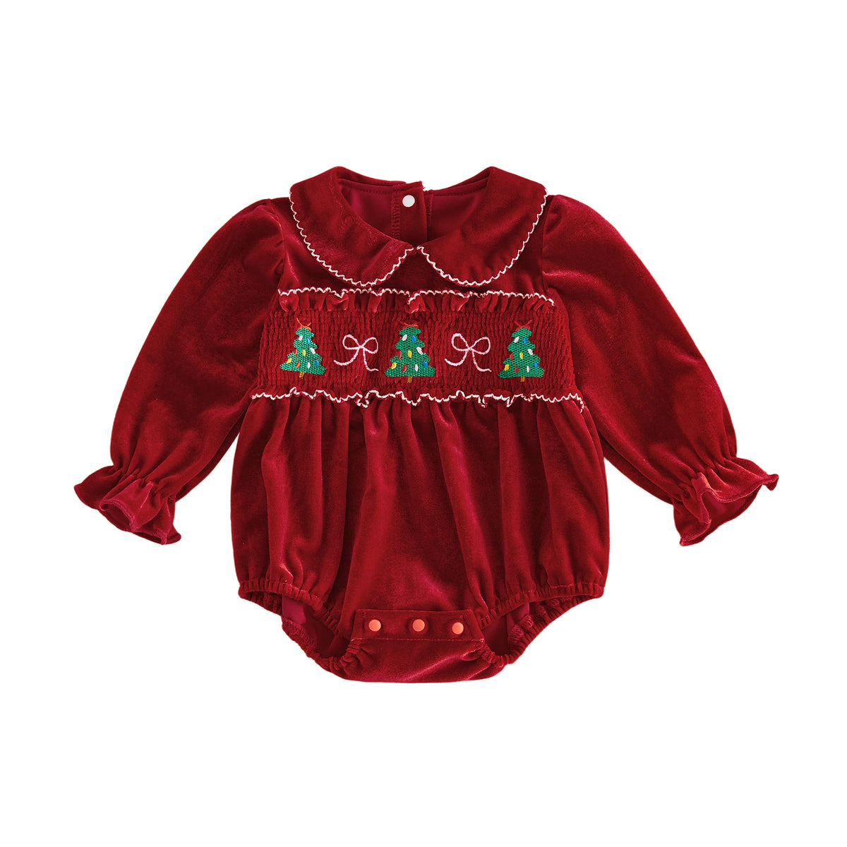 Full front view of an infant baby girl red velvet smocked Christmas bubble romper featuring long sleeves, a Peter Pan collar, and bottom snaps.