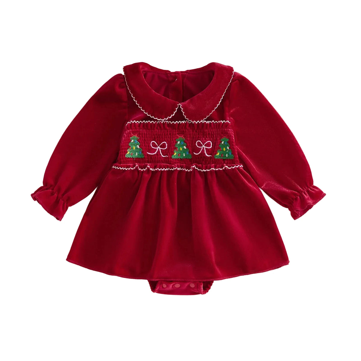 Front view of a baby girl red smocked Christmas romper dress featuring a Peter Pan collar and holiday tree embroidery.