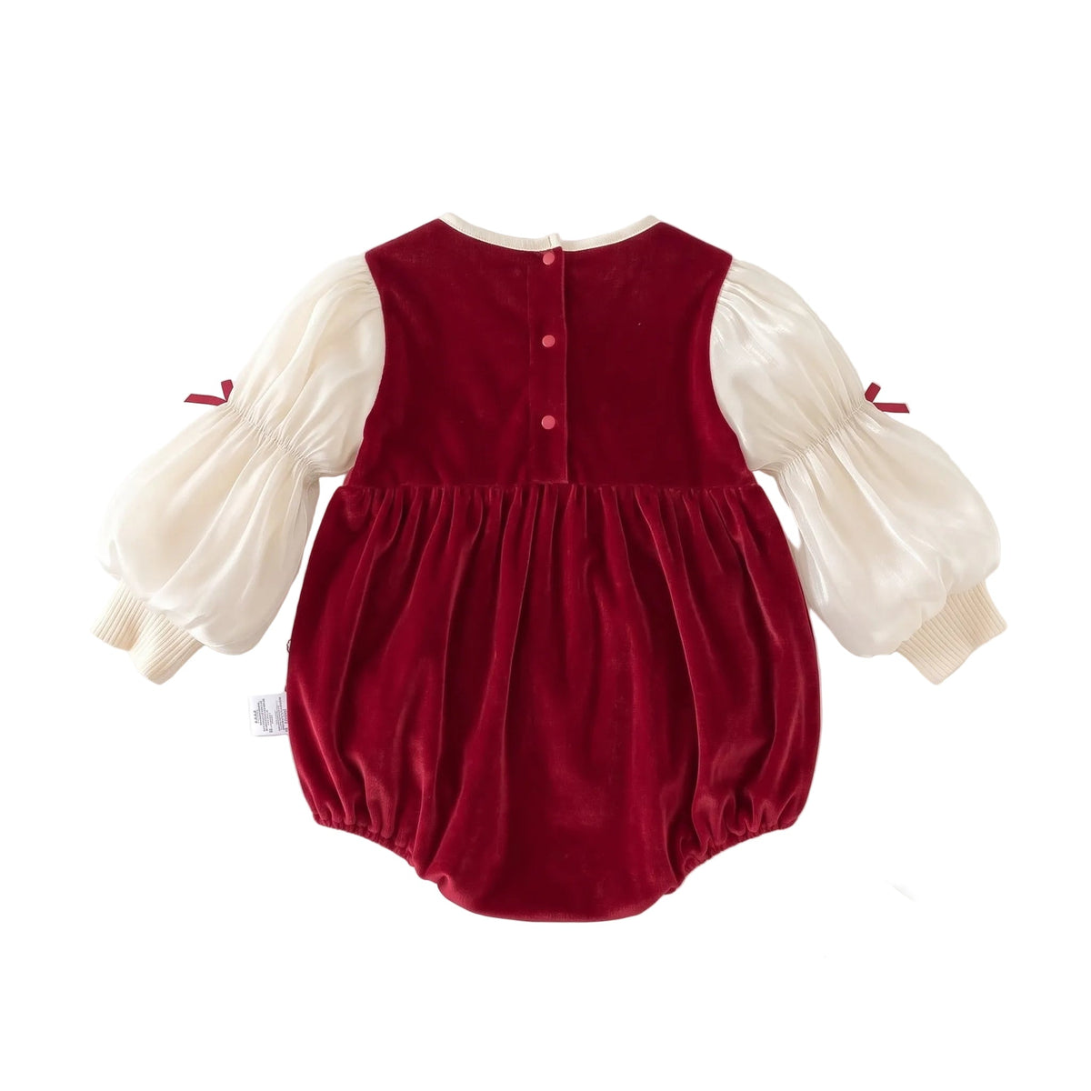 Back view of the baby girl red velvet bubble romper showing back button fasteners and sleeve bows